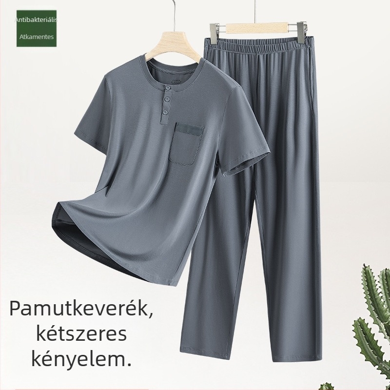Új modális pamut férfi pizsama szett, egyszínű, vékony, rövid ujjú, overlock nadrág, otthoni ruházat raktáron