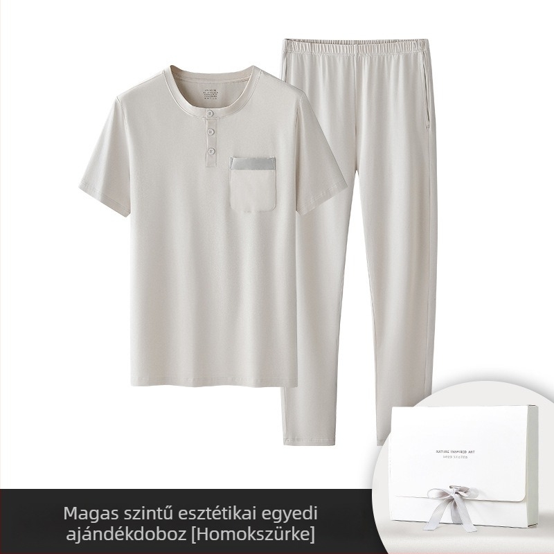 Új modális pamut férfi pizsama szett, egyszínű, vékony, rövid ujjú, overlock nadrág, otthoni ruházat raktáron