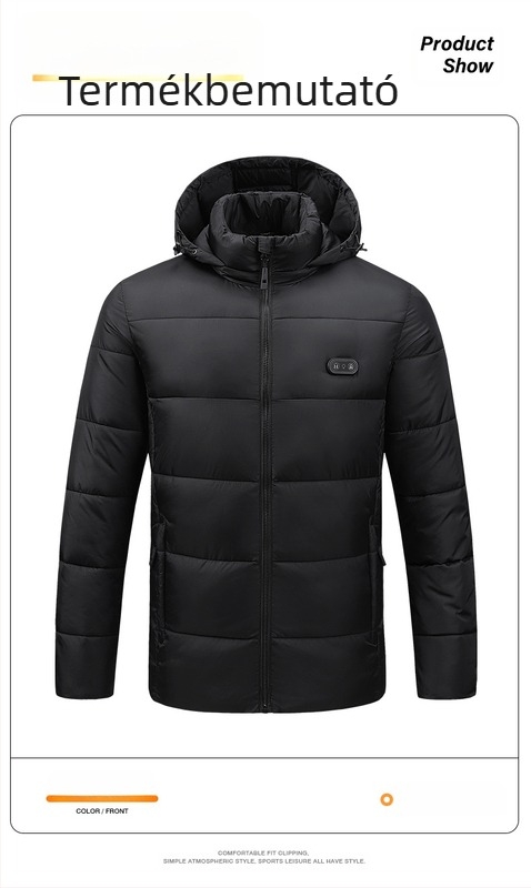 Határokon átnyúló új, fűthető, pamuttal bélelt kapucnis USB intelligens, állandó hőmérsékletű fűtésű, pamuttal bélelt kültéri férfi és női meleg elektromos pamuttal bélelt kabát