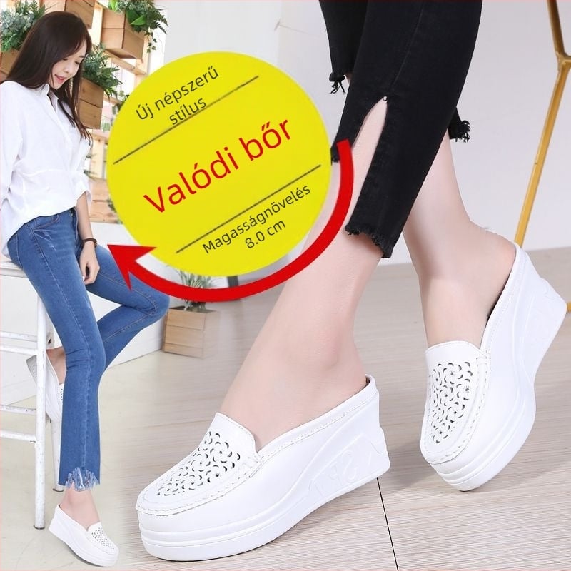 2025 Nyári Valódi Bőr Szandálok Marhabőr Platform Vastag Talpú Félig Slip-On Fehér Cipők anyacipők Lábujjhegyig Érő Kivágott Papucsok Női