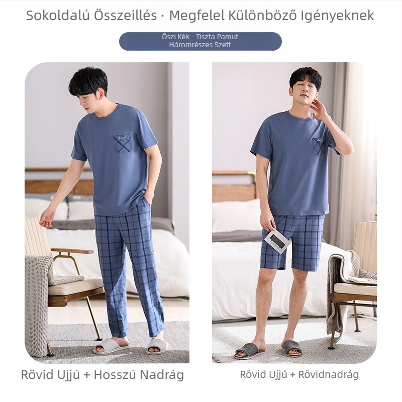 Férfi nyári, tiszta pamut, rövid ujjú, vékony, kockás, háromrészes, pamut pizsama, nagy méretű, otthoni ruhakészlet