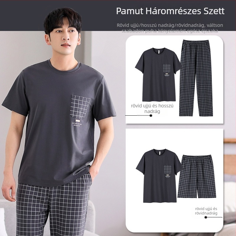 Férfi nyári, tiszta pamut, rövid ujjú, vékony, kockás, háromrészes, pamut pizsama, nagy méretű, otthoni ruhakészlet