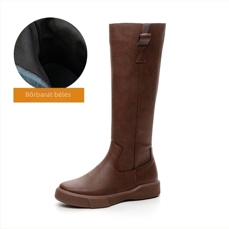 Vintage valódi bőr Martin csizma női térdig érő, karcsúsító lovagcsizma vastag talpú, gyapjúbéléssel ellátott őszi és téli hosszú szárú csizma minden alkalomra alkalmas magas szárú csizma