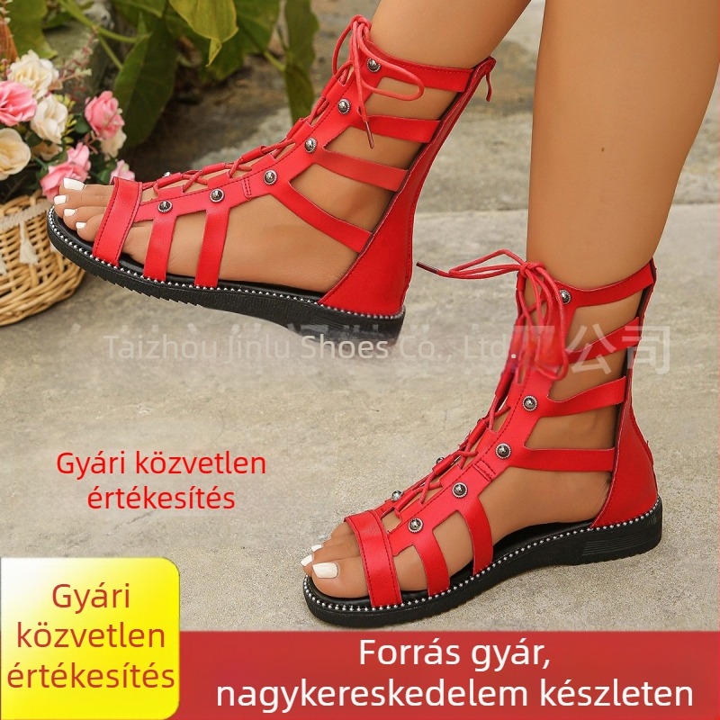 Külkereskedelmi Nyári Új Stílusú Hátsó Cipzáras Lapos Szandálok Római Szegecses Szandálok Magas Szárú Leggings Női Export Nagy Méretű Női Csizmák