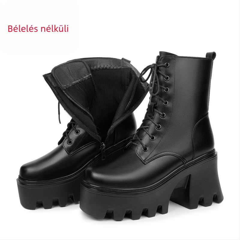 Női vastag talpú, ultramagas sarkú, pamuttal bélelt cipő, magasságnövelő Martin csizma, Női valódi bőr muffin talpú, gyapjú fűzős, pamuttal bélelt csizma, cigarettahüvelyes, egyrétegű csizma