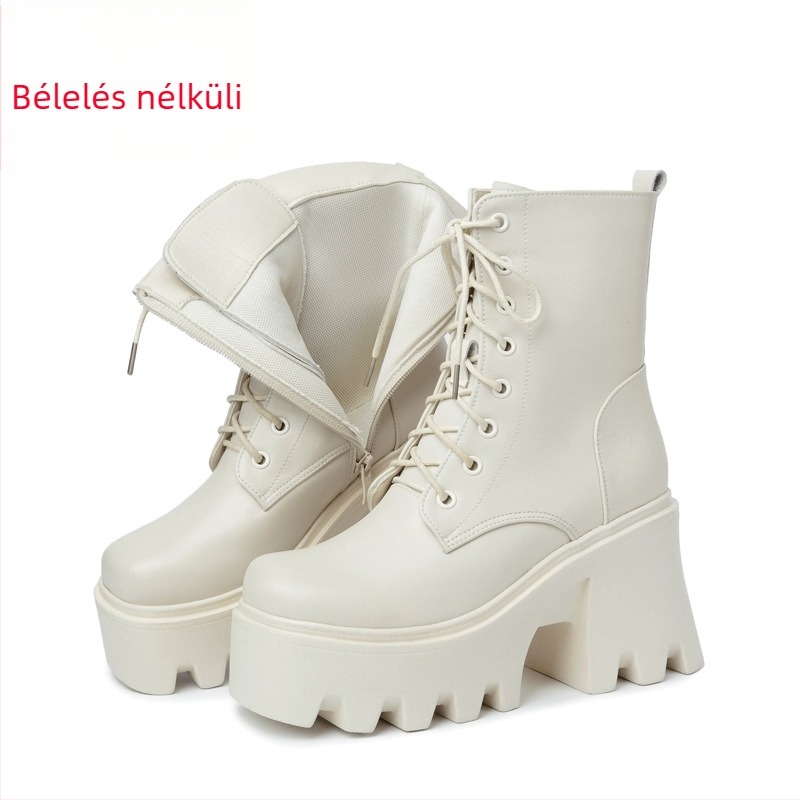 Női vastag talpú, ultramagas sarkú, pamuttal bélelt cipő, magasságnövelő Martin csizma, Női valódi bőr muffin talpú, gyapjú fűzős, pamuttal bélelt csizma, cigarettahüvelyes, egyrétegű csizma