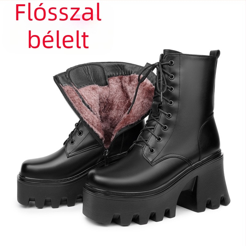 Női vastag talpú, ultramagas sarkú, pamuttal bélelt cipő, magasságnövelő Martin csizma, Női valódi bőr muffin talpú, gyapjú fűzős, pamuttal bélelt csizma, cigarettahüvelyes, egyrétegű csizma