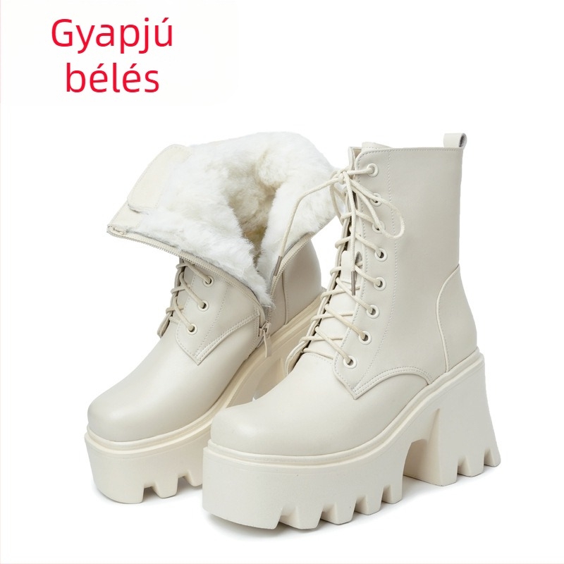 Női vastag talpú, ultramagas sarkú, pamuttal bélelt cipő, magasságnövelő Martin csizma, Női valódi bőr muffin talpú, gyapjú fűzős, pamuttal bélelt csizma, cigarettahüvelyes, egyrétegű csizma