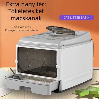 Túlméretezett, teljesen zárt macskaalom fiók, dupla ajtó, továbbfejlesztett macskavécé, túlméretezett hely, gondtalan, szagmentes, oldalsó szivárgás megelőzése