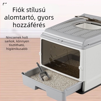 Túlméretezett, teljesen zárt macskaalom fiók, dupla ajtó, továbbfejlesztett macskavécé, túlméretezett hely, gondtalan, szagmentes, oldalsó szivárgás megelőzése