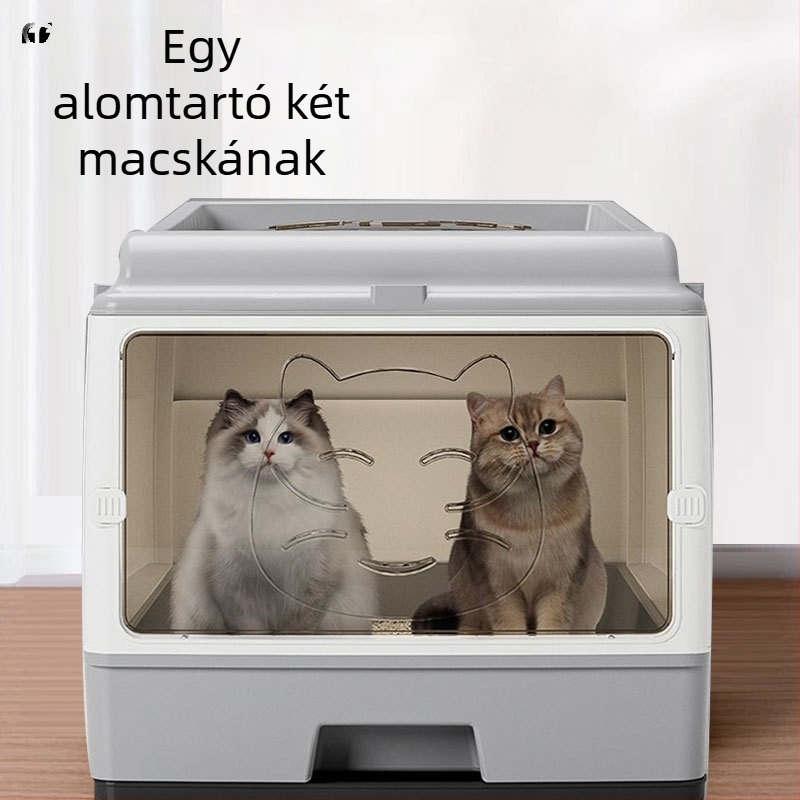 Túlméretezett, teljesen zárt macskaalom fiók, dupla ajtó, továbbfejlesztett macskavécé, túlméretezett hely, gondtalan, szagmentes, oldalsó szivárgás megelőzése