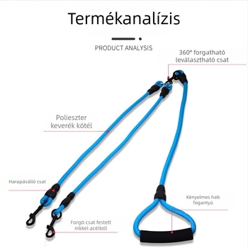 Levehető, két kutyás, egy húzós, két pórázos, kétfejű kutyasétáltató póráz, kutyalánc, teddy, golden retriever, kis- és nagytestű kutyáknak való kellékek