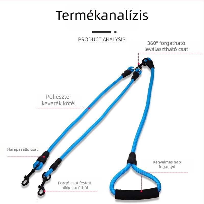 Levehető, két kutyás, egy húzós, két pórázos, kétfejű kutyasétáltató póráz, kutyalánc, teddy, golden retriever, kis- és nagytestű kutyáknak való kellékek