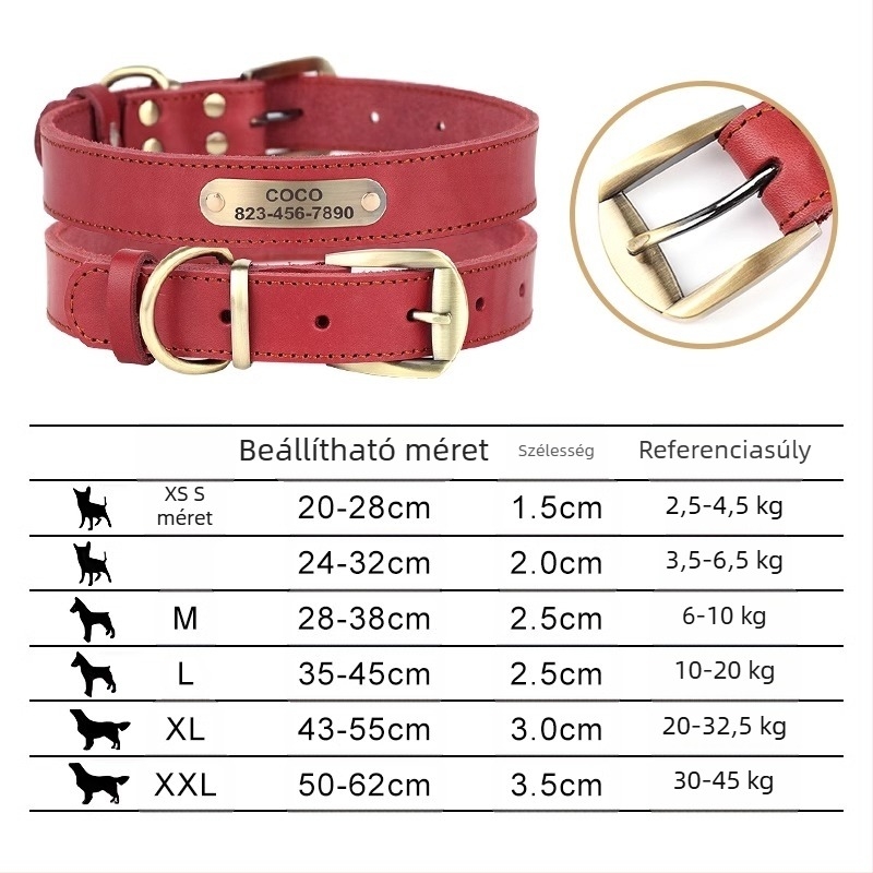 Kutyanyakörv, húzókötél, marhabőr, kutyamárka, gravírozás, veszteséggátló, arany-retriever, középső és nagytestű kutyáknak való nyakgyűrű