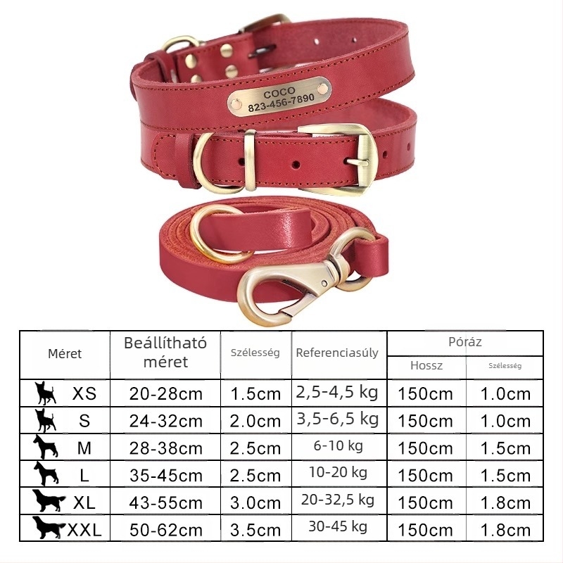 Kutyanyakörv, húzókötél, marhabőr, kutyamárka, gravírozás, veszteséggátló, arany-retriever, középső és nagytestű kutyáknak való nyakgyűrű