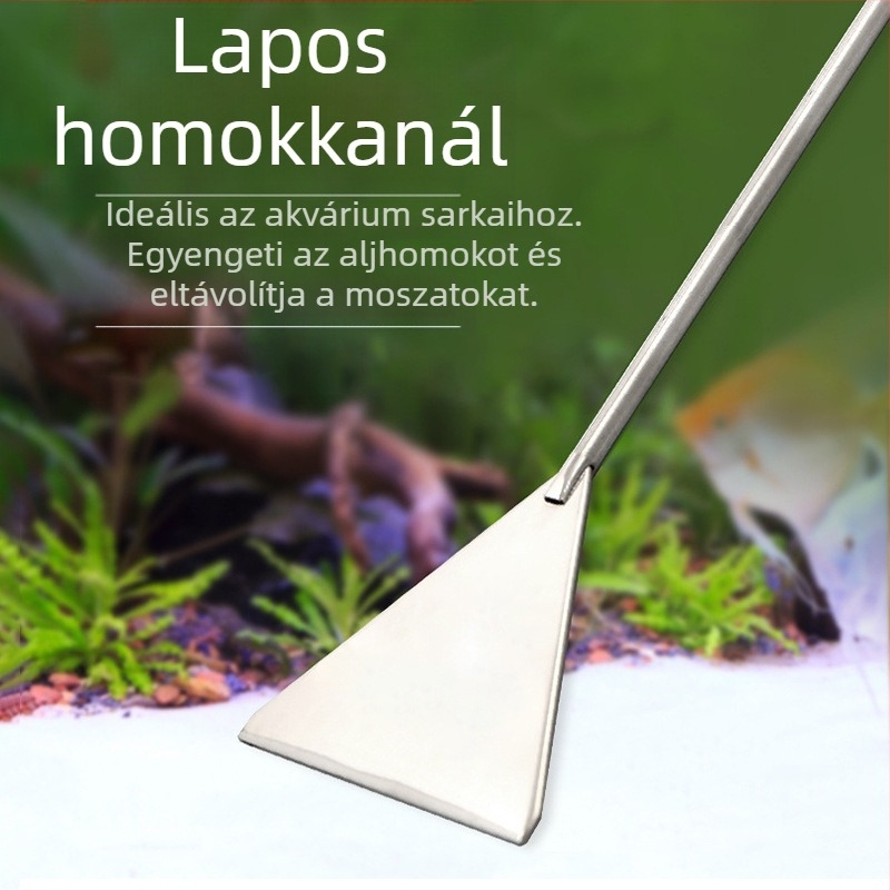 Akváriumkefe-tisztító vízi eszközök tisztítása rozsdamentes acél lapos homoklapát mohakaparó vízi alga eltávolító lapát akvárium