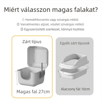 Felhajtható macskaalom, teljesen zárt, fröccsenésgátló macskaalom, túlméretezett macskavécé, előretolható, felülről kihajtható macskabili