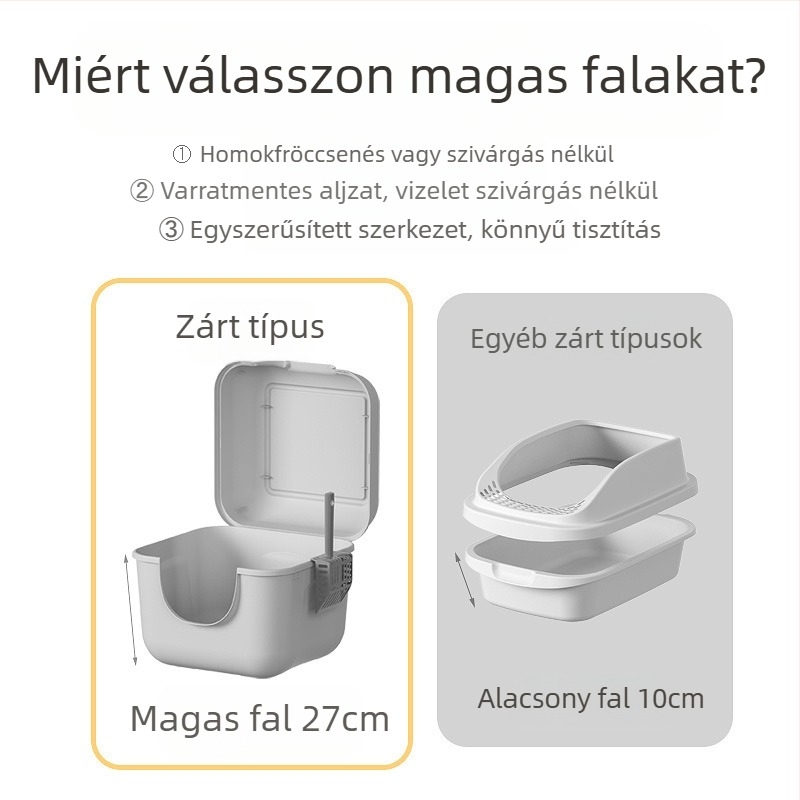 Felhajtható macskaalom, teljesen zárt, fröccsenésgátló macskaalom, túlméretezett macskavécé, előretolható, felülről kihajtható macskabili