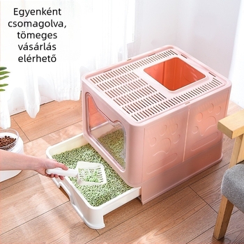 Összecsukható, rozsdamentes acél alomdoboz, előre kihajtható, cseppálló, teljesen zárt macskavécé, nagy fiókos alomdoboz