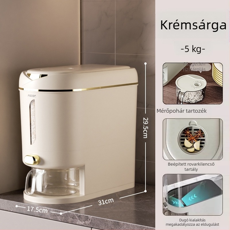 Rizsvödör, háztartási, lezárt, rovar- és nedvességálló, 10 kg-os, elegáns, élelmiszeripari minőségű liszttároló tartály, rizshengeres doboz, rizstészta tároló