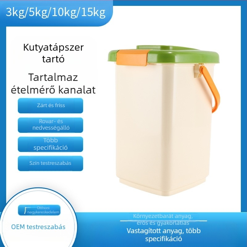 Gyárilag közvetlen szállítású, négyzet alakú gabonatároló hordó, 5 kg-os nedvességálló, lezárt gabonatároló hordó, macskagabona-hordó, kutyagabona-hordó, háziállatgabona-hordó