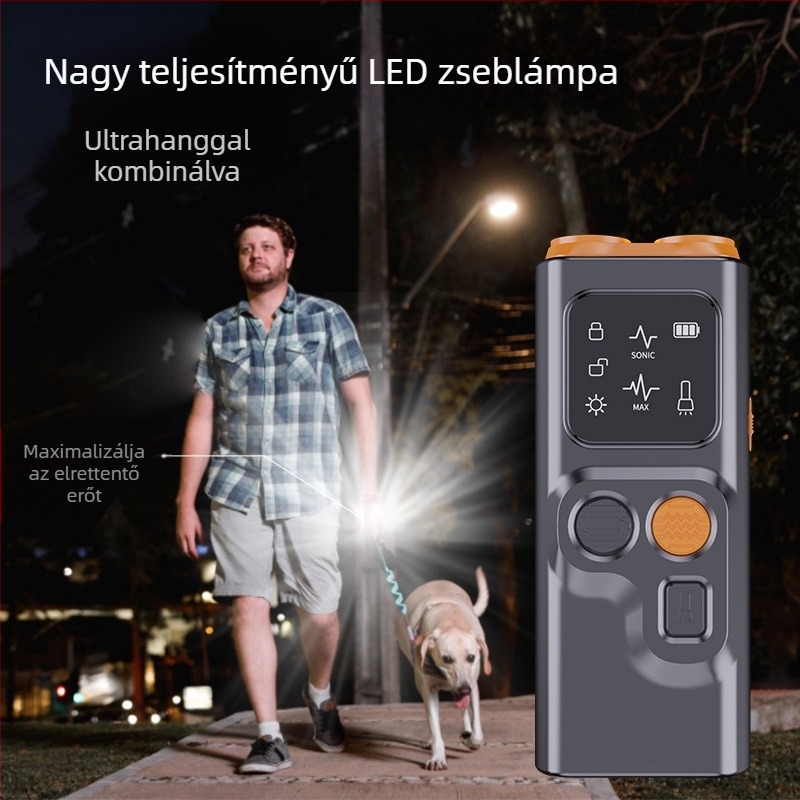Ultrahangos kétfejű kutyariasztó hordozható kutyaösvény képernyővel, ugatásgátló világítással, villogó fénnyel, kutyaharapás elleni kutyariasztó műtárgy