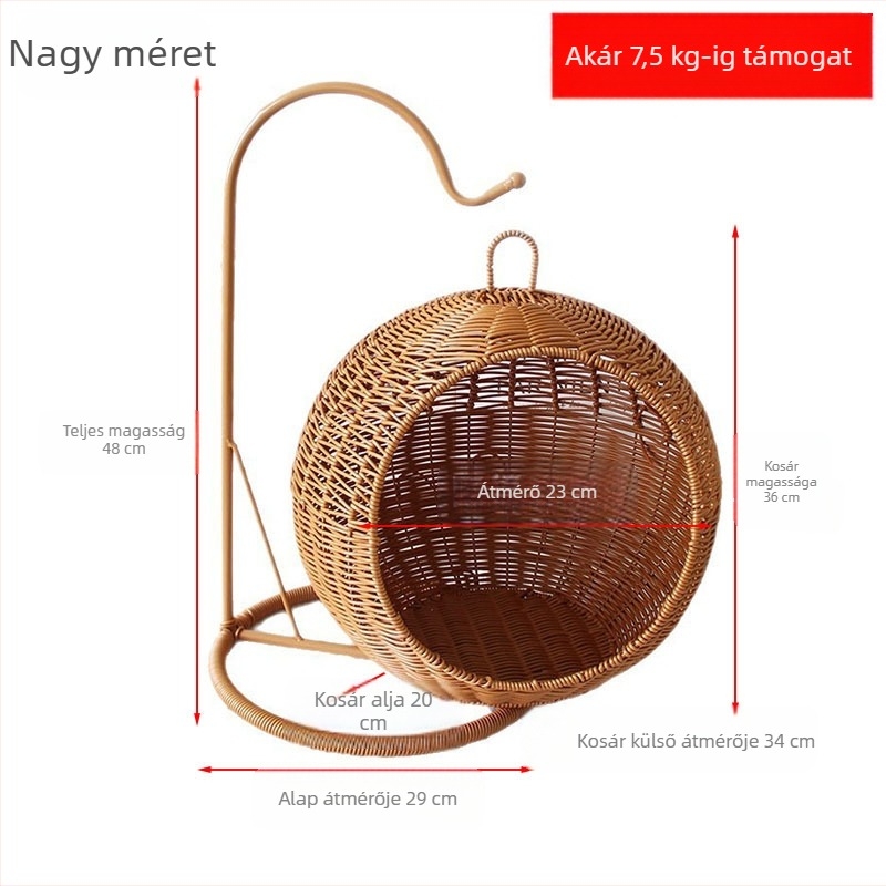 Rattan utánzatú, kézzel szőtt, függő kerek kosár, otthoni nappali gyümölcsös rágcsálnivalók piknik tárolókosár macskafészek
