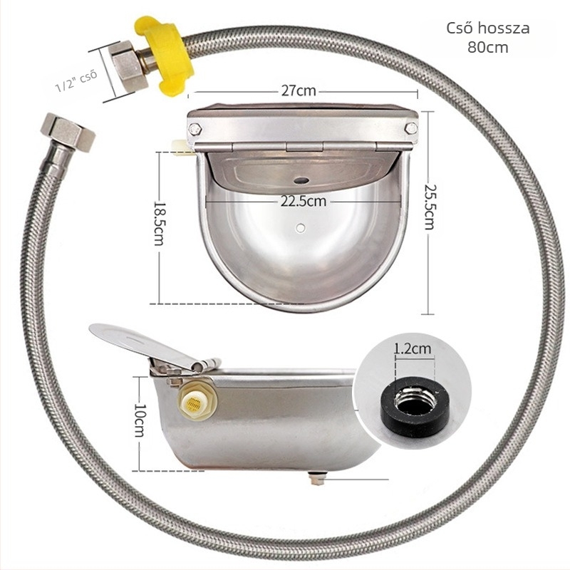 Tehén itató, állatorvosi tenyésztés, nagy rozsdamentes acél, 80 cm-es vízipipa-csomag, úszó golyóval, vastagított tál, tehén, ló, víz