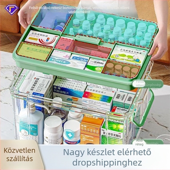 Háztartási gyógyszeres doboz, nagy kapacitású rekesszel, nedvesség- és penészálló, többrétegű gyógyszertároló doboz, elsősegélydoboz, átlátszó, látható gyógyszeres doboz