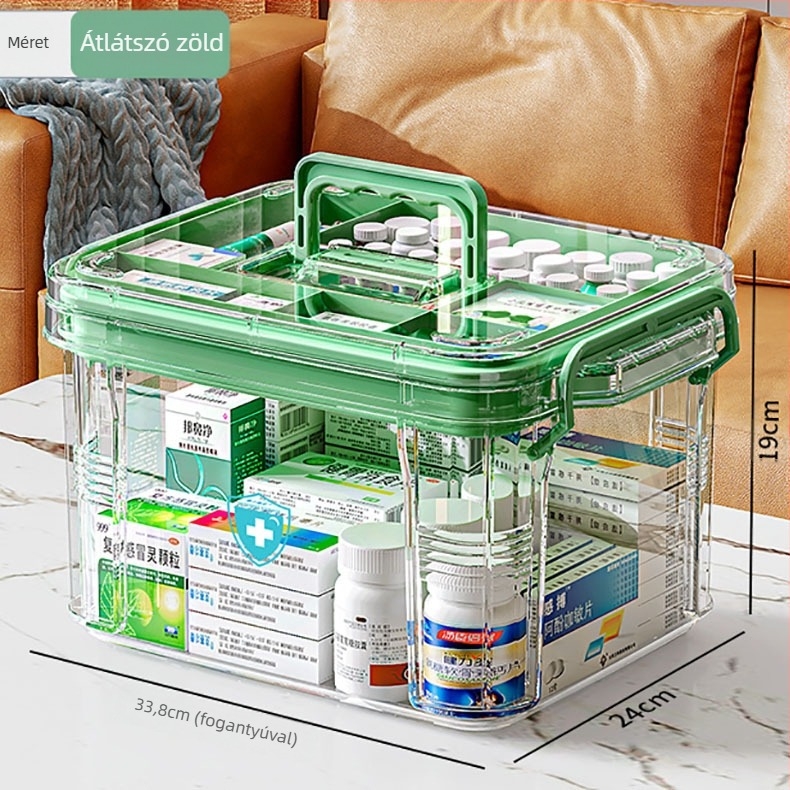 Háztartási gyógyszeres doboz, nagy kapacitású rekesszel, nedvesség- és penészálló, többrétegű gyógyszertároló doboz, elsősegélydoboz, átlátszó, látható gyógyszeres doboz