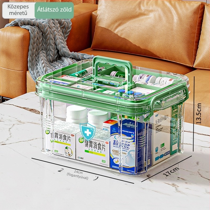 Háztartási gyógyszeres doboz, nagy kapacitású rekesszel, nedvesség- és penészálló, többrétegű gyógyszertároló doboz, elsősegélydoboz, átlátszó, látható gyógyszeres doboz