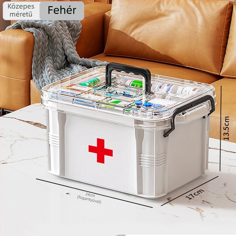 Háztartási gyógyszeres doboz, nagy kapacitású rekesszel, nedvesség- és penészálló, többrétegű gyógyszertároló doboz, elsősegélydoboz, átlátszó, látható gyógyszeres doboz