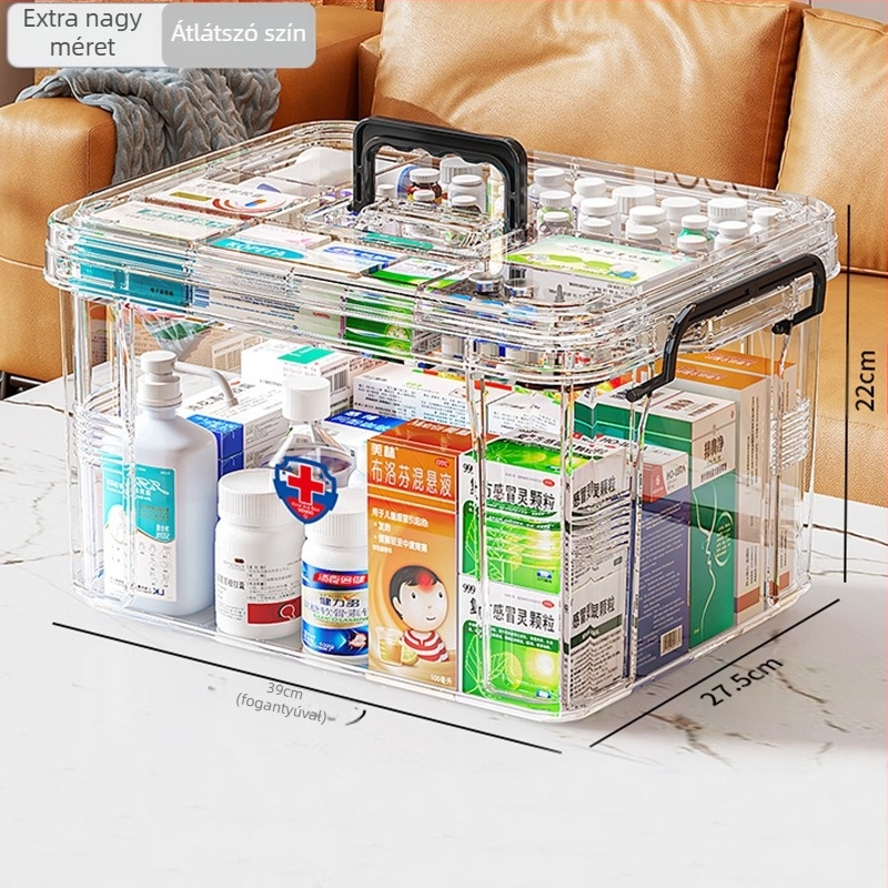 Háztartási gyógyszeres doboz, nagy kapacitású rekesszel, nedvesség- és penészálló, többrétegű gyógyszertároló doboz, elsősegélydoboz, átlátszó, látható gyógyszeres doboz