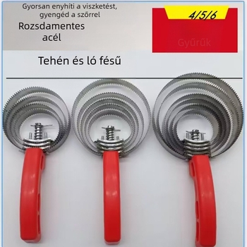 Négy, öt és hat kör alakú, fogazott fésű, tehén- és lóizzadságkaparó, viszketéscsillapító gereblye, lószőrfésű, fogkarcoló, kisállatfésű, szőrtelenítő kefe