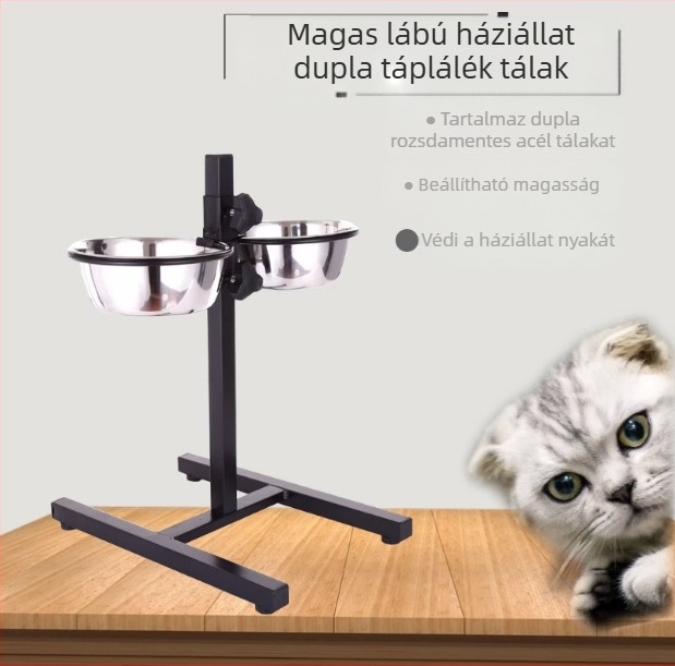 Állítható magasságú kutyatál, kisállat-étkészlet, álló kisállat-macska, kutya-itató, fémtál, etetőállvány