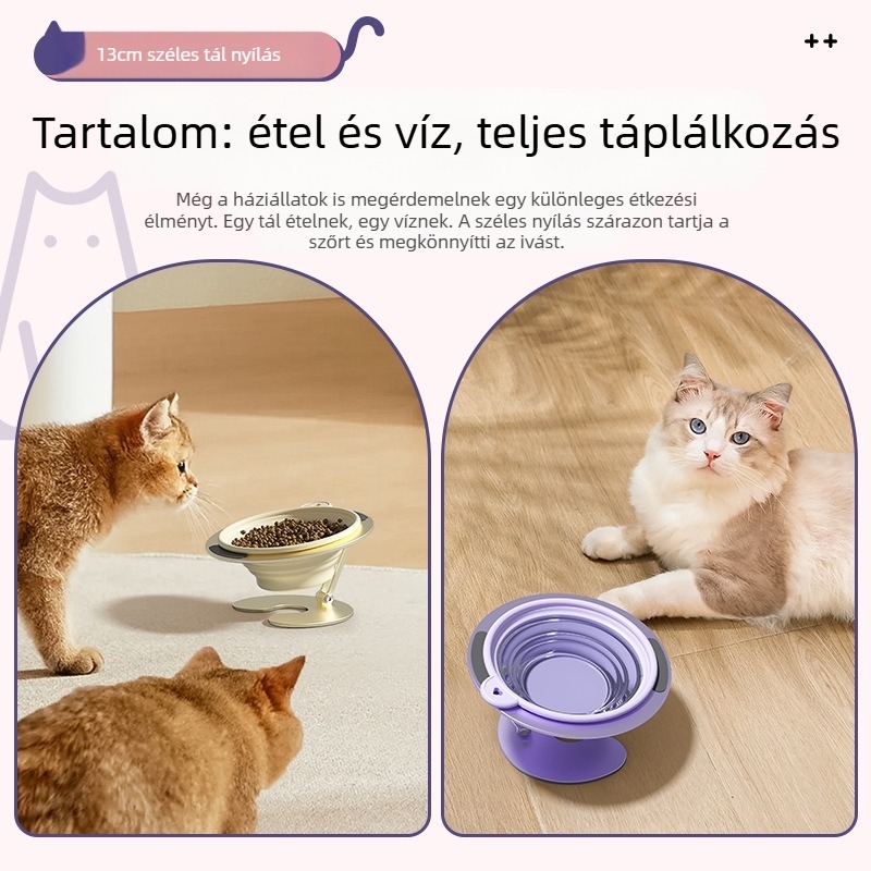 Kisállat macskatál állvány összecsukható tároló kutyatál macskaeledel-tál ferde szájú víztál kültéri hordozható nyakvédő magas kisállat tál