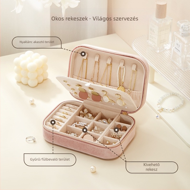 Határokon átnyúló ékszerdoboz bársonyos, csúcskategóriás, kétrétegű, nagy kapacitású fülbevalók, gyűrűk, nyakláncok, ékszerek tárolására szolgáló kézi ékszertároló doboz