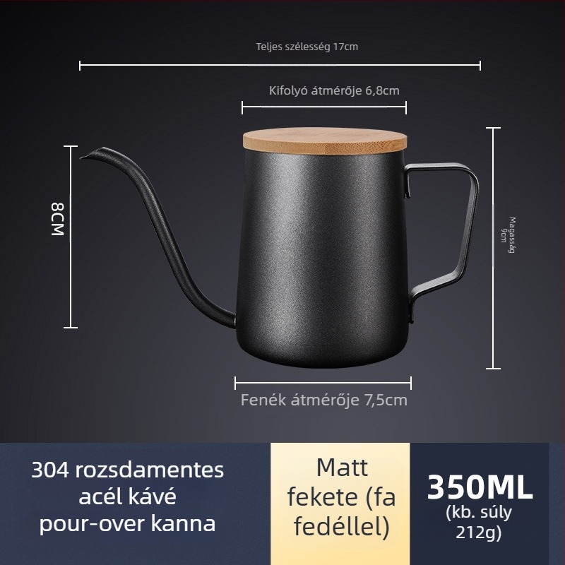 Rozsdamentes acél kávéfőző mini kézifőző fekete teflon vékony szájú kávéfőző