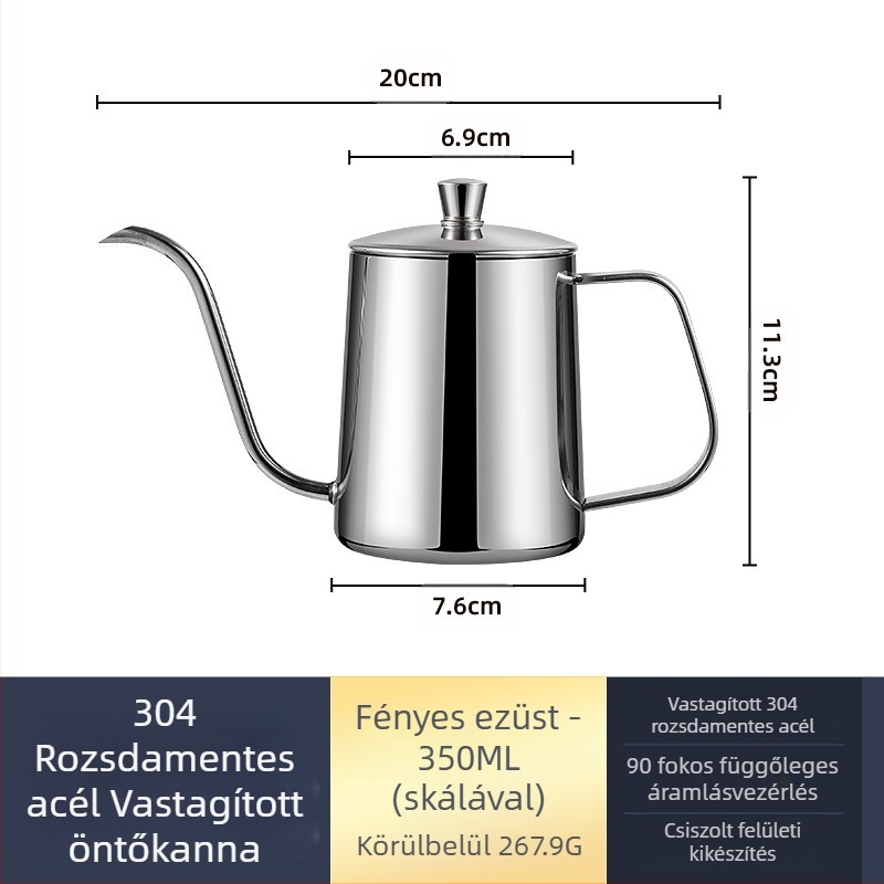 Rozsdamentes acél kávéfőző mini kézifőző fekete teflon vékony szájú kávéfőző