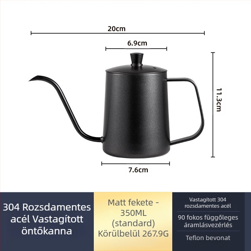 Rozsdamentes acél kávéfőző mini kézifőző fekete teflon vékony szájú kávéfőző