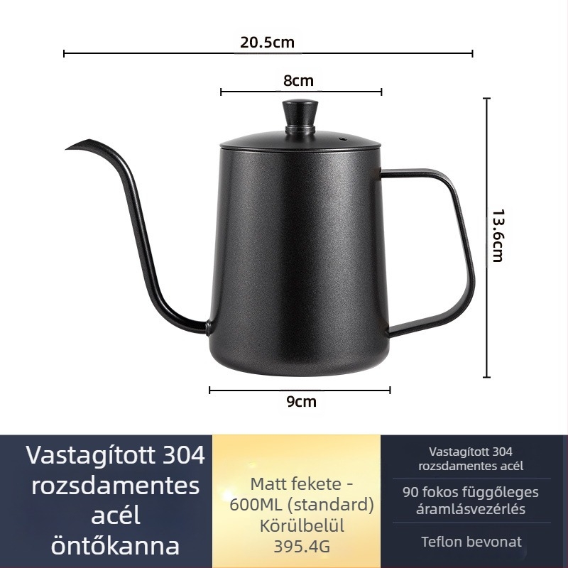 Rozsdamentes acél kávéfőző mini kézifőző fekete teflon vékony szájú kávéfőző