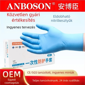 Nagykereskedelmi Ambochen eldobható, élelmiszeripari minőségű, tartós kék nitril kesztyű, angol, vízálló, olajálló konyhai Ding Qing kesztyű