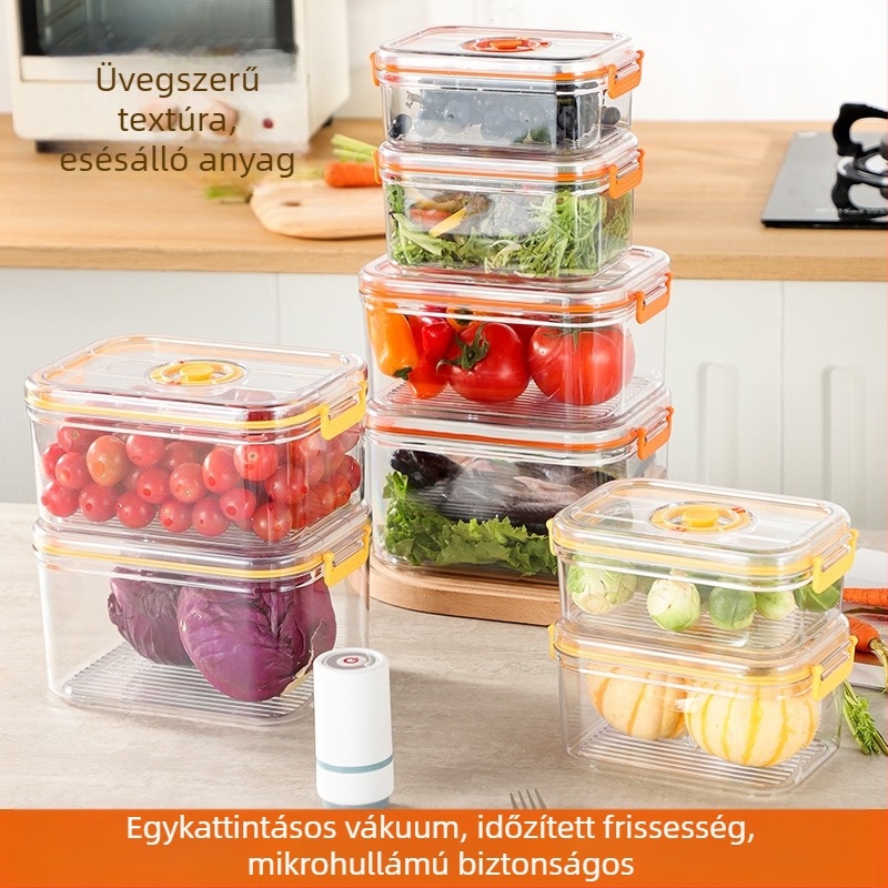 Élelmiszeripari minőségű műanyag lezárt vákuumtároló doboz Mikrohullámú fűtésű háztartási hűtőszekrény Élelmiszer-zöldségtároló doboz