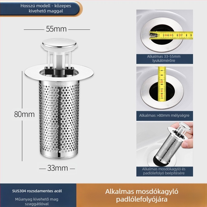 Mosdó szivárgó dugó rozsdamentes acél dezodoráló pattogó maggal prés típusú mosogató lefolyó mosdó univerzális tartozékok