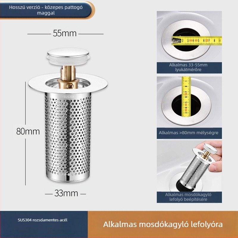 Mosdó szivárgó dugó rozsdamentes acél dezodoráló pattogó maggal prés típusú mosogató lefolyó mosdó univerzális tartozékok