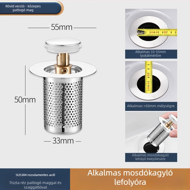 Mosdó szivárgó dugó rozsdamentes acél dezodoráló pattogó maggal prés típusú mosogató lefolyó mosdó univerzális tartozékok