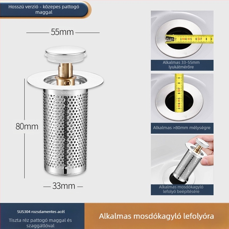 Mosdó szivárgó dugó rozsdamentes acél dezodoráló pattogó maggal prés típusú mosogató lefolyó mosdó univerzális tartozékok