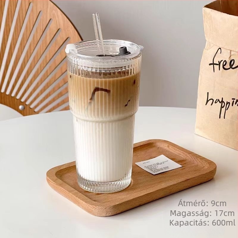 Nagy kapacitású szívócsöves pohár fedéllel, függőleges csíkos kávéspohár, itallé pohár, magas színértékű női háztartási tejes teáspohár