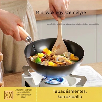 Kis vasfazék 20 cm-es japán stílusú mini háztartási bevonat nélküli lapos főzőedény indukciós tűzhelyhez, kis wokhoz alkalmas
