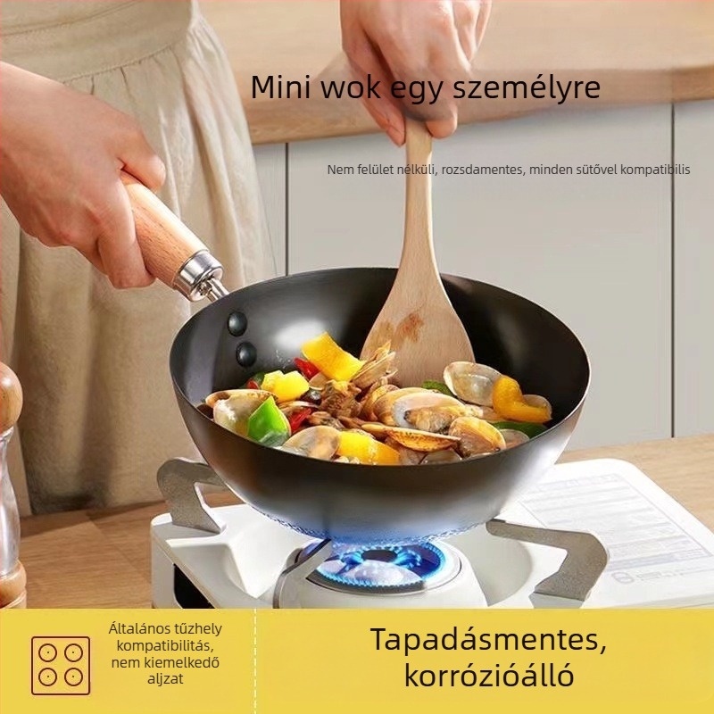 Kis vasfazék 20 cm-es japán stílusú mini háztartási bevonat nélküli lapos főzőedény indukciós tűzhelyhez, kis wokhoz alkalmas